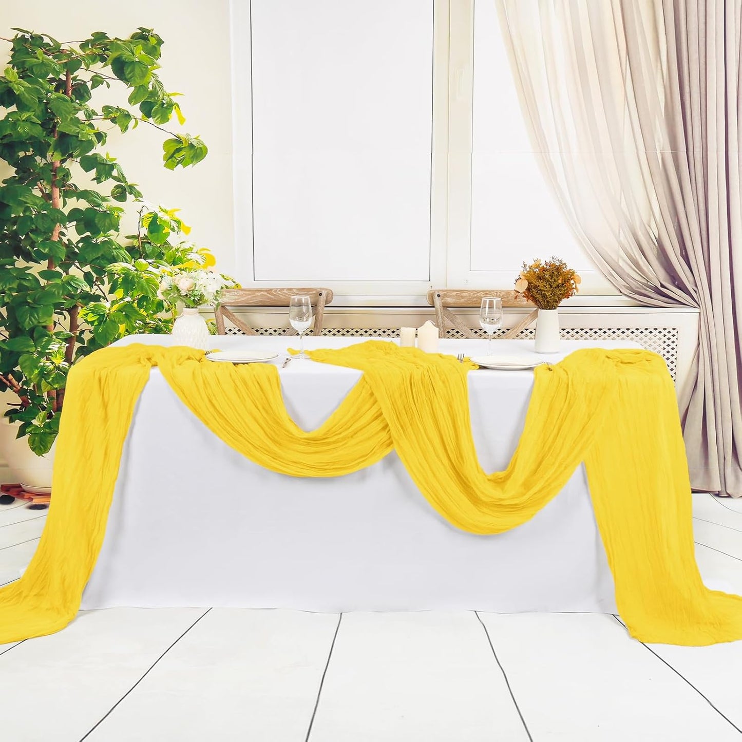 6 Pack Yellow Cheesecloth Table Runner 10FT Cheese Cloths for Wedding Decor, 20x120inch Rustic Boho Gauze Table Runners for Wedding Party Bridal Shower Table Decoration