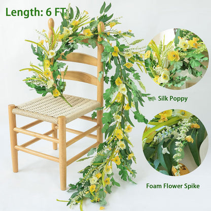 Yellow Artificial Flower Garland 6FT Fake Poppy Floral Garland Hanging Vines Spring Summer Flowers Decorations for Mantle Table Centerpieces Room Wall Fireplace Wedding Decor (Yellow)