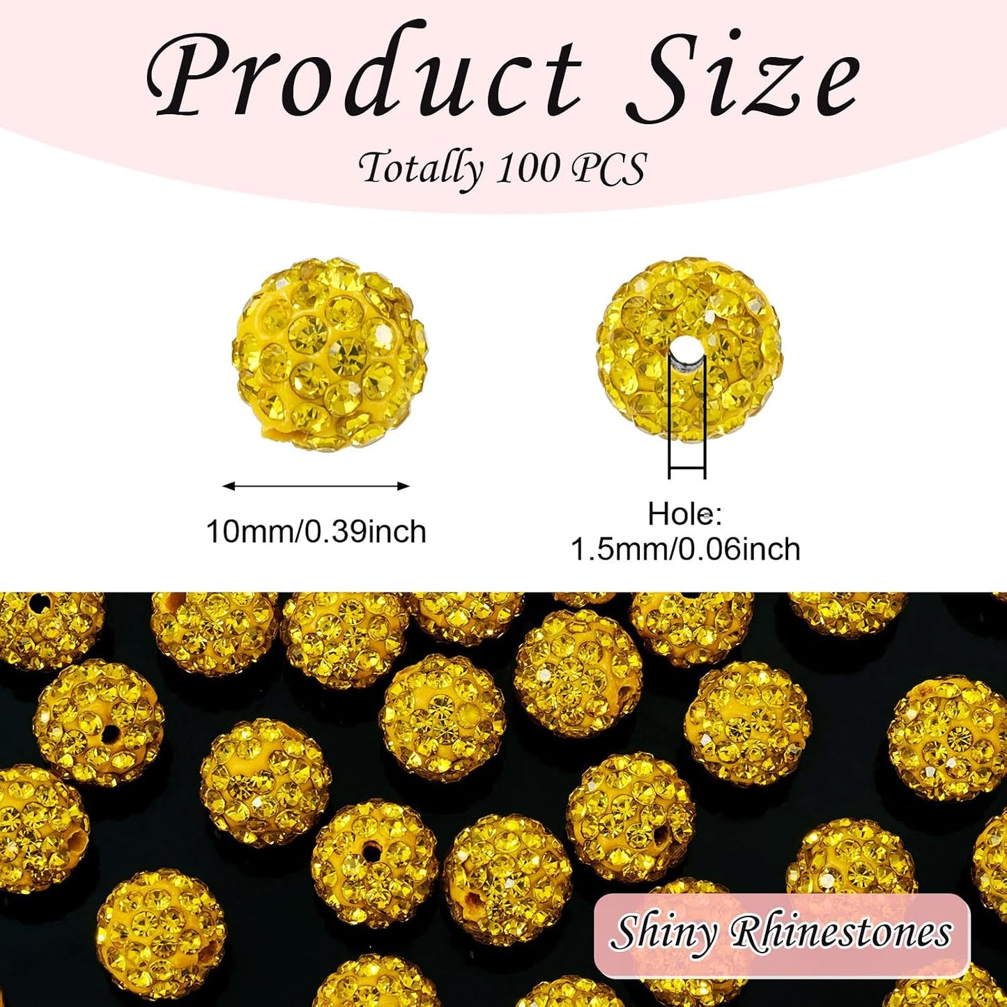 Beadthoven 100pcs 10mm Rhinestone Beads Lemon Yellow Crystal Pave Clay Disco Ball Beads Round Polymer Clay Rhinestone Diamond Clay Spacers for Necklace Bracelet Jewelry Making