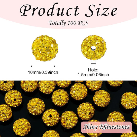 Beadthoven 100pcs 10mm Rhinestone Beads Lemon Yellow Crystal Pave Clay Disco Ball Beads Round Polymer Clay Rhinestone Diamond Clay Spacers for Necklace Bracelet Jewelry Making