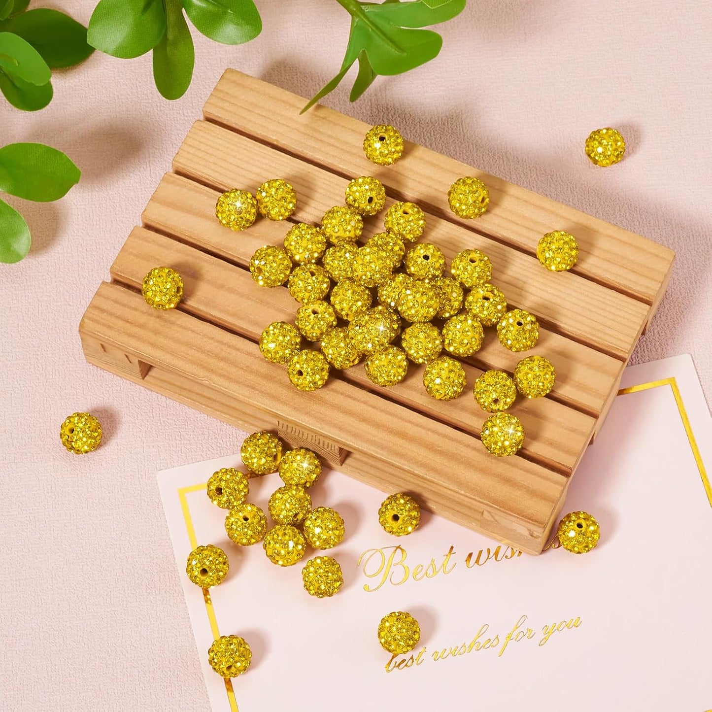 Beadthoven 100pcs 10mm Rhinestone Beads Lemon Yellow Crystal Pave Clay Disco Ball Beads Round Polymer Clay Rhinestone Diamond Clay Spacers for Necklace Bracelet Jewelry Making