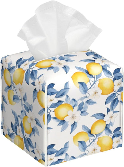 Tissue Box Cover Lemon Watercolor Flower Blue PU Leather Tissue Holder, Square Facial Tissue Case 5.2 Inches Tissue Box Organizer for Bathroom Living Room Office