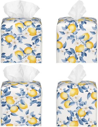 Tissue Box Cover Lemon Watercolor Flower Blue PU Leather Tissue Holder, Square Facial Tissue Case 5.2 Inches Tissue Box Organizer for Bathroom Living Room Office