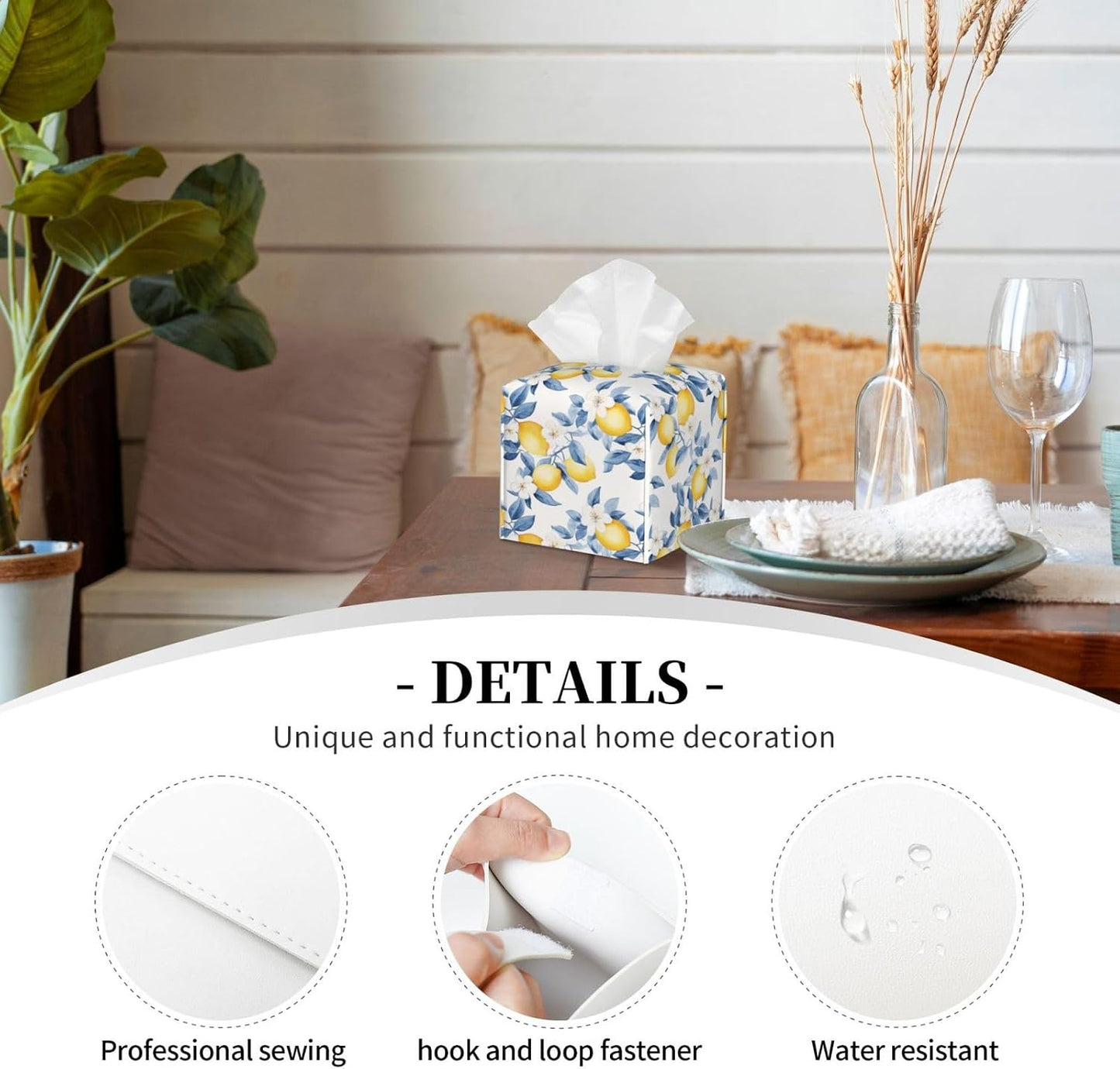 Tissue Box Cover Lemon Watercolor Flower Blue PU Leather Tissue Holder, Square Facial Tissue Case 5.2 Inches Tissue Box Organizer for Bathroom Living Room Office