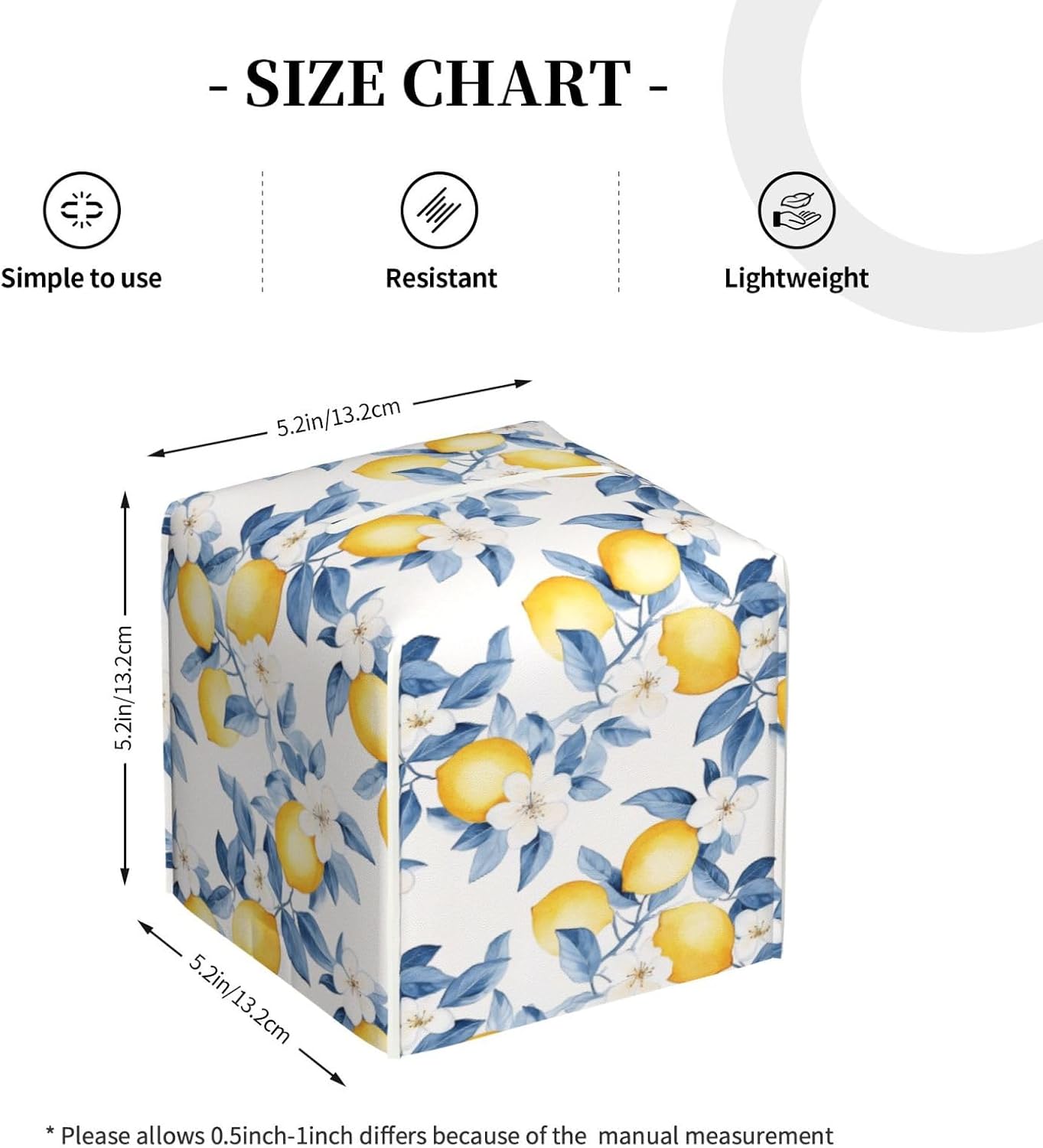Tissue Box Cover Lemon Watercolor Flower Blue PU Leather Tissue Holder, Square Facial Tissue Case 5.2 Inches Tissue Box Organizer for Bathroom Living Room Office