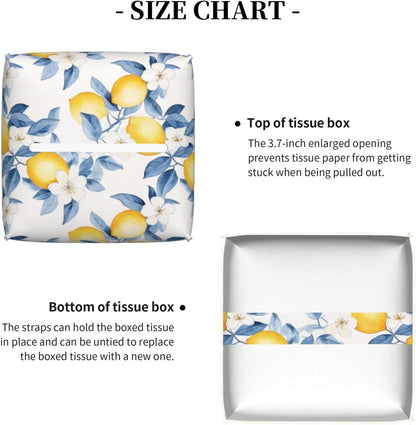 Tissue Box Cover Lemon Watercolor Flower Blue PU Leather Tissue Holder, Square Facial Tissue Case 5.2 Inches Tissue Box Organizer for Bathroom Living Room Office