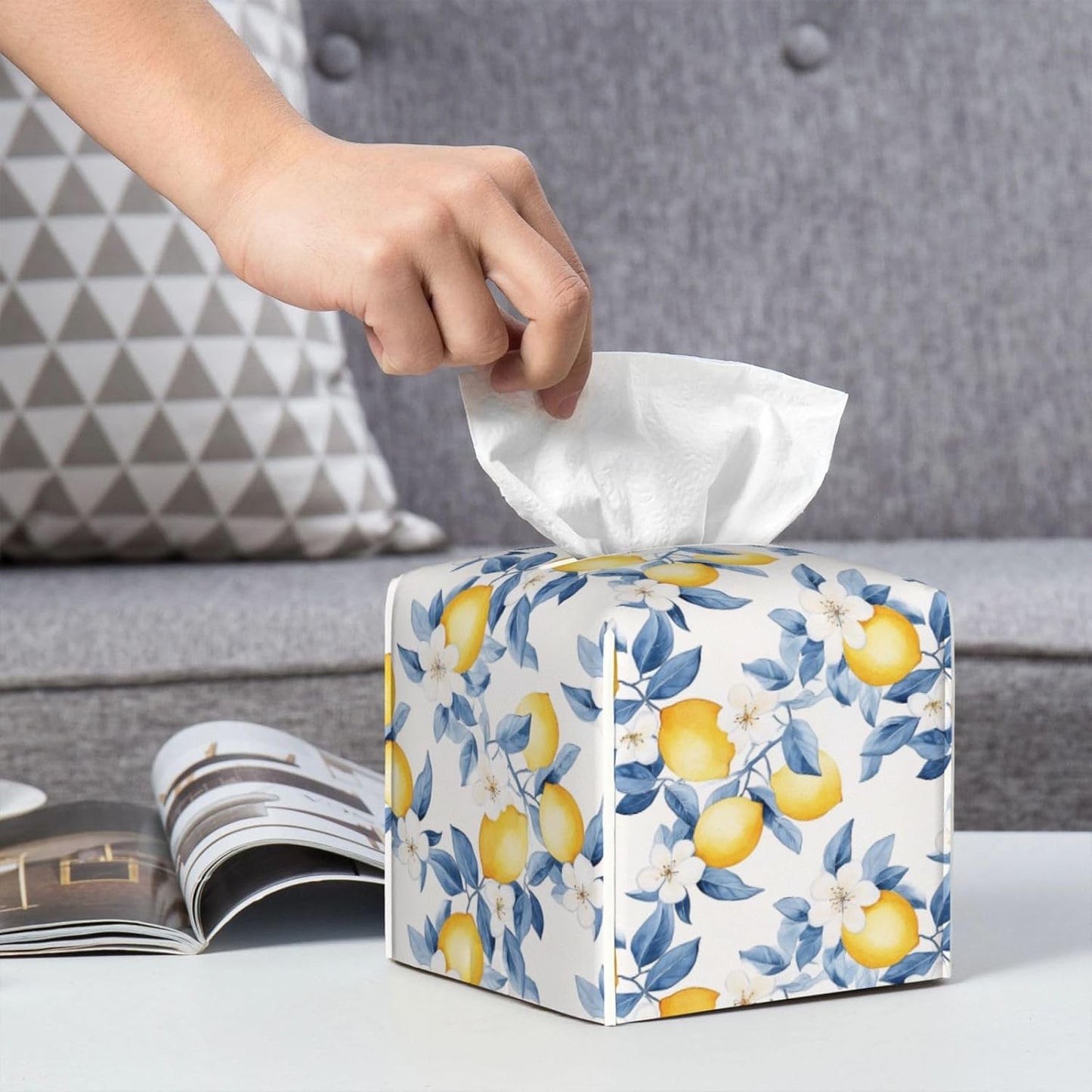 Tissue Box Cover Lemon Watercolor Flower Blue PU Leather Tissue Holder, Square Facial Tissue Case 5.2 Inches Tissue Box Organizer for Bathroom Living Room Office