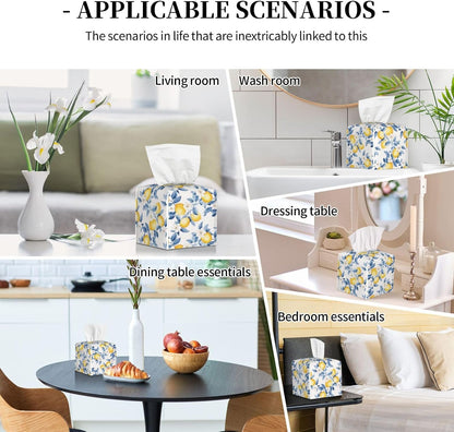 Tissue Box Cover Lemon Watercolor Flower Blue PU Leather Tissue Holder, Square Facial Tissue Case 5.2 Inches Tissue Box Organizer for Bathroom Living Room Office