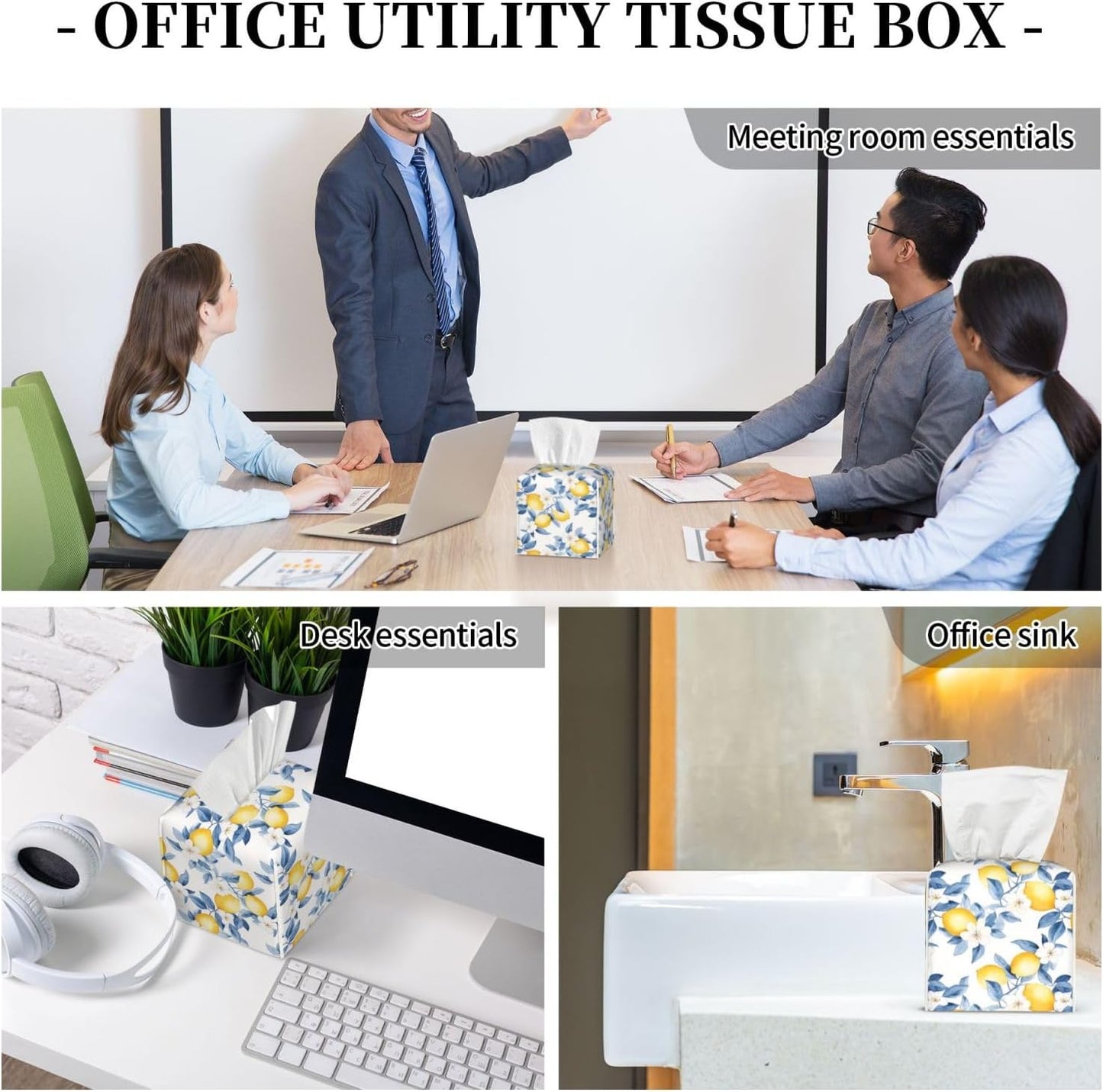 Tissue Box Cover Lemon Watercolor Flower Blue PU Leather Tissue Holder, Square Facial Tissue Case 5.2 Inches Tissue Box Organizer for Bathroom Living Room Office