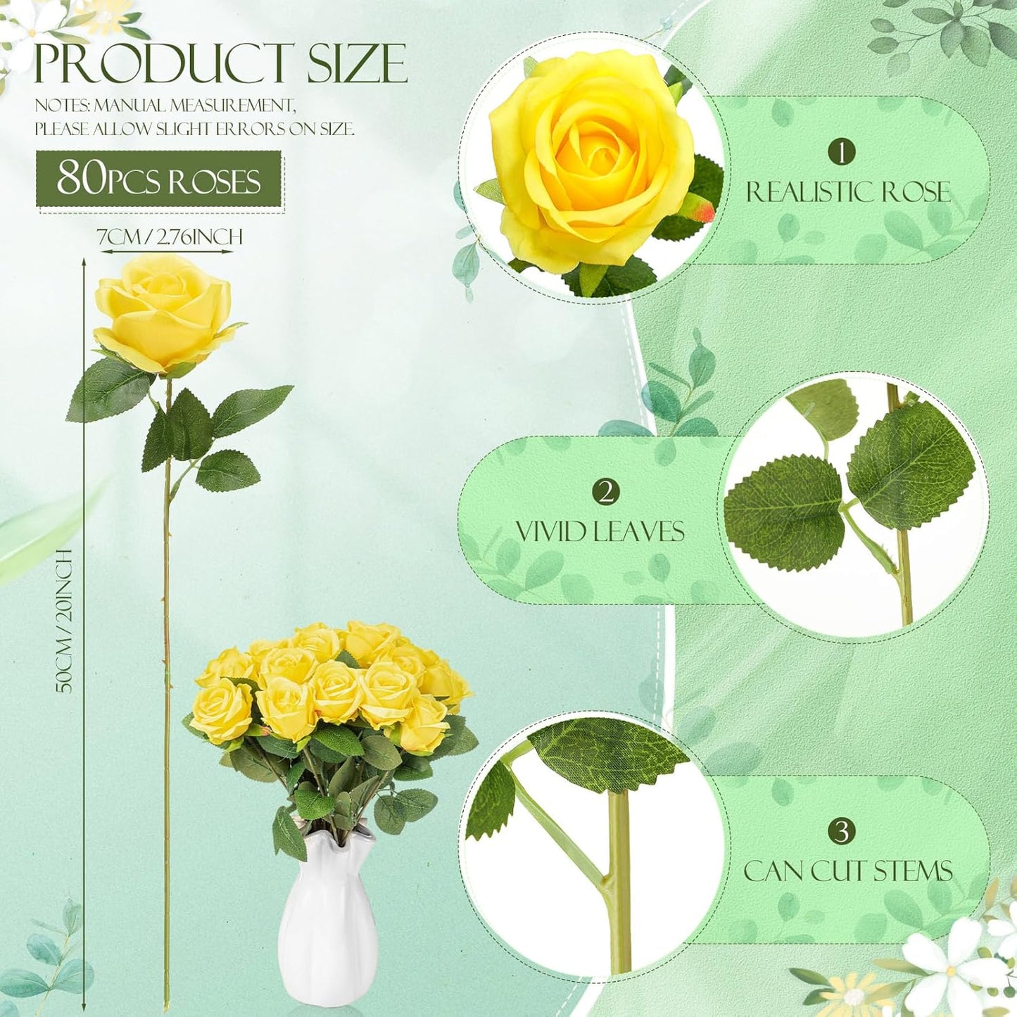 80 Pcs Rose Artificial Flowers Bulk with Long Stem, Silk Roses Realistic Fake Flowers Bouquet for Wedding Table Centerpieces Bridal Shower Party Home Decorations(Yellow)