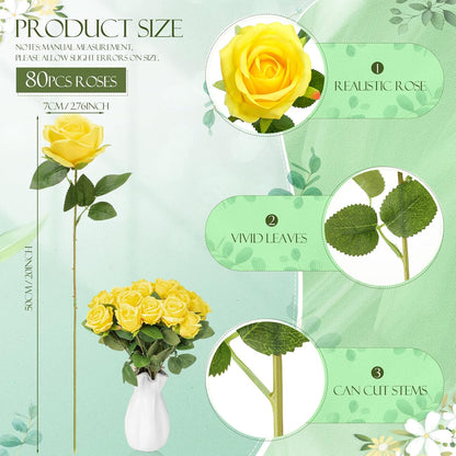 80 Pcs Rose Artificial Flowers Bulk with Long Stem, Silk Roses Realistic Fake Flowers Bouquet for Wedding Table Centerpieces Bridal Shower Party Home Decorations(Yellow)