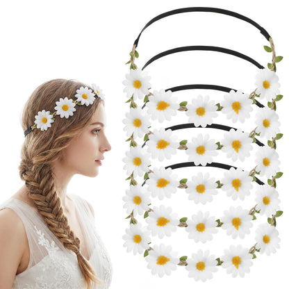 5 Pcs Daisy Flower Headband Wreath Hippie Headband Floral Crown for Women Festival Wedding Bridal Party Decorations (White/Yellow/Green)