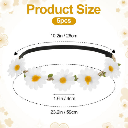 5 Pcs Daisy Flower Headband Wreath Hippie Headband Floral Crown for Women Festival Wedding Bridal Party Decorations (White/Yellow/Green)