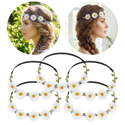 5 Pcs Daisy Flower Headband Wreath Hippie Headband Floral Crown for Women Festival Wedding Bridal Party Decorations (White/Yellow/Green)