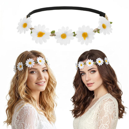 5 Pcs Daisy Flower Headband Wreath Hippie Headband Floral Crown for Women Festival Wedding Bridal Party Decorations (White/Yellow/Green)