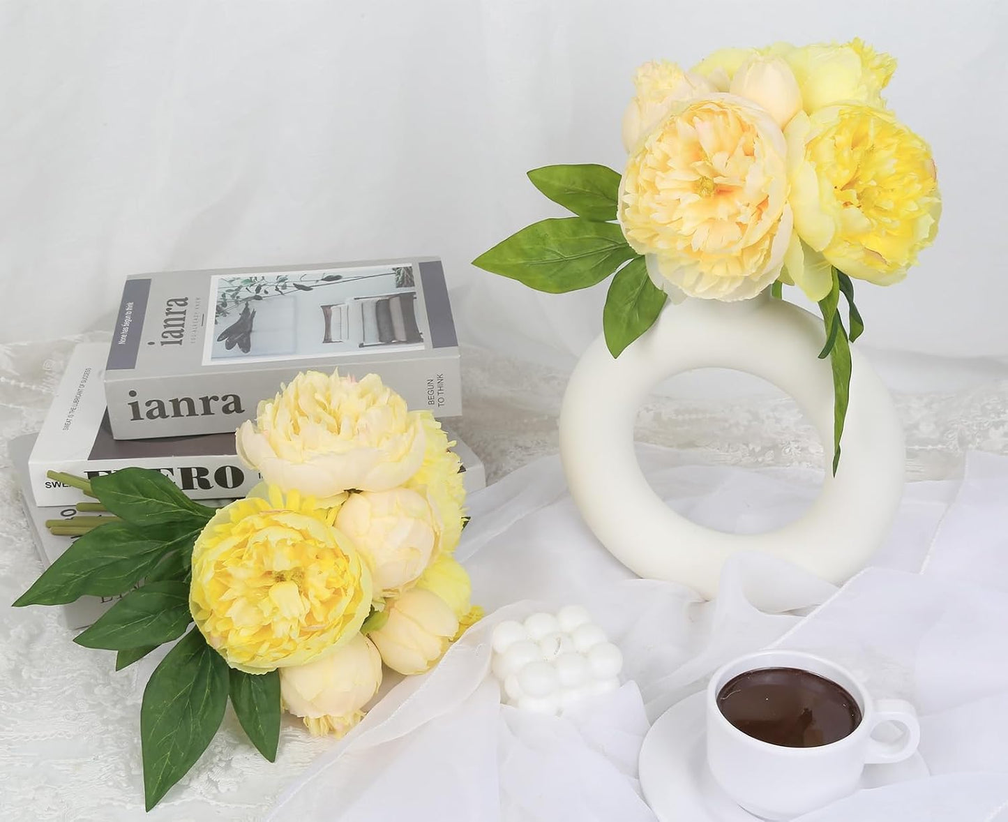 Yellow Peonies Silk Flowers 2 Bouquets Fake Peonies 14 Heads Faux Peony Flowers with Stems for Wedding Decoration Bride Bouquet Faux Flowers Crafts Floral Arrangement (Yellow)