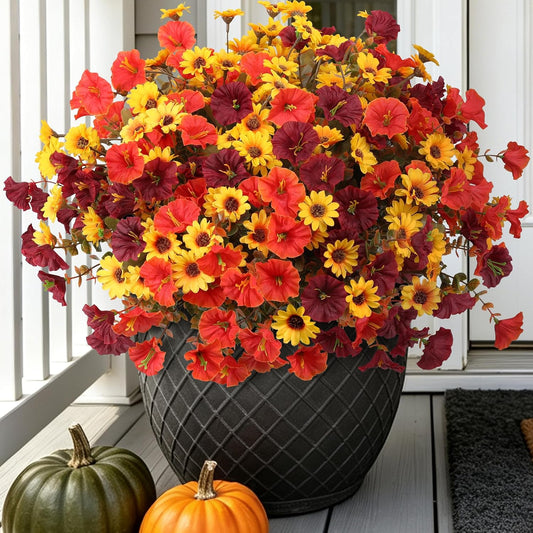 Fall Artificial Mums Flowers for Outdoor UV Resistant Fake Petunia Plants | 12PCS Faux Silk Morning Glory, Realistic Daisy for Garden Porch Front Door Window Box, Orange Brown Yellow