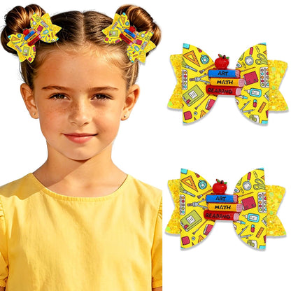 Back To School Bows for Hair Clip Yellow Glitter Hairpin Apple And Book Decor Bow Barrette First Day Of School Hair Accessories Girls Women Teacher