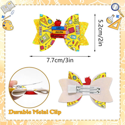Back To School Bows for Hair Clip Yellow Glitter Hairpin Apple And Book Decor Bow Barrette First Day Of School Hair Accessories Girls Women Teacher