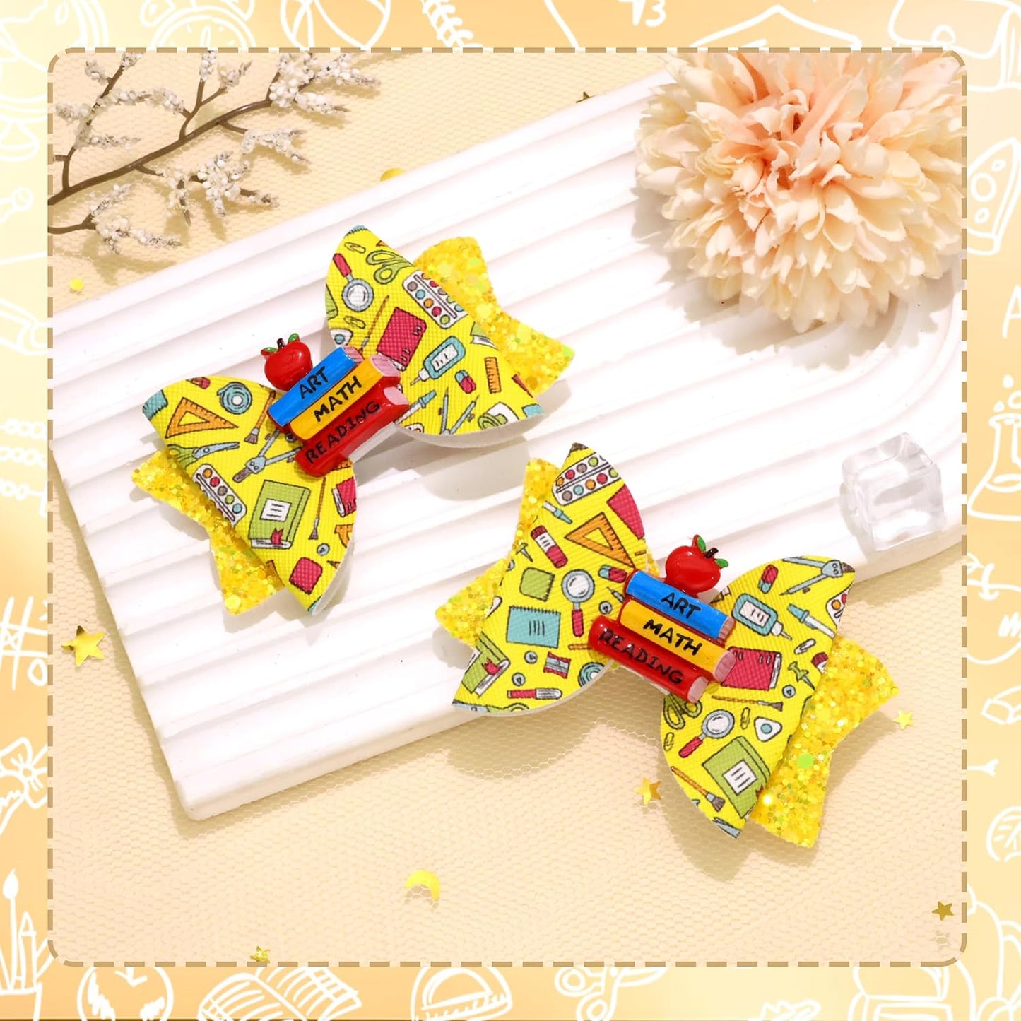 Back To School Bows for Hair Clip Yellow Glitter Hairpin Apple And Book Decor Bow Barrette First Day Of School Hair Accessories Girls Women Teacher