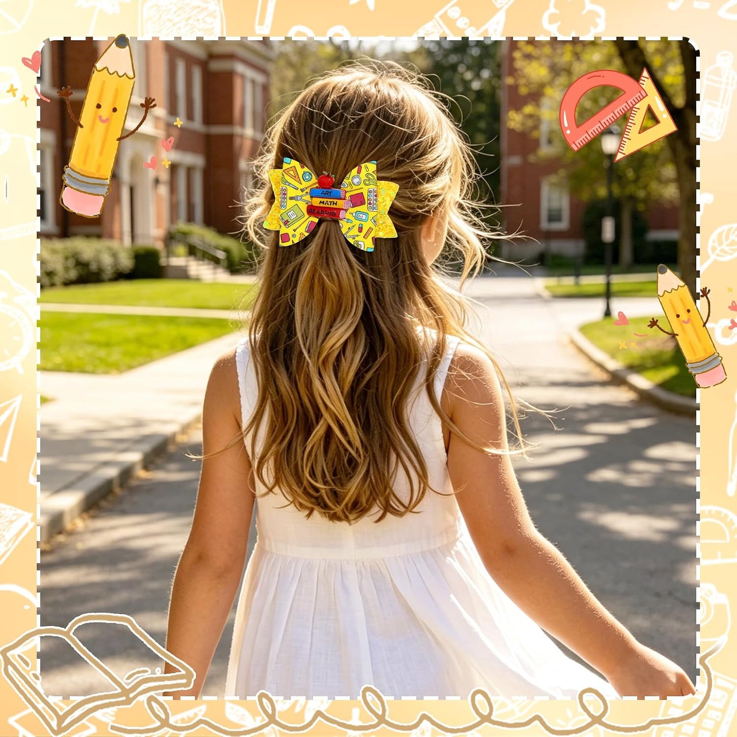 Back To School Bows for Hair Clip Yellow Glitter Hairpin Apple And Book Decor Bow Barrette First Day Of School Hair Accessories Girls Women Teacher
