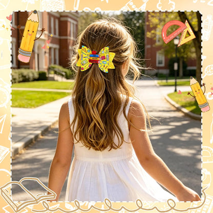 Back To School Bows for Hair Clip Yellow Glitter Hairpin Apple And Book Decor Bow Barrette First Day Of School Hair Accessories Girls Women Teacher