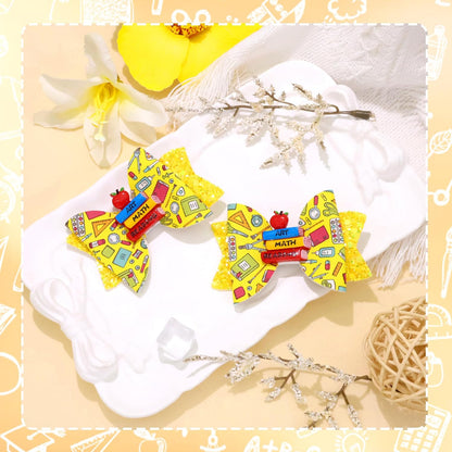 Back To School Bows for Hair Clip Yellow Glitter Hairpin Apple And Book Decor Bow Barrette First Day Of School Hair Accessories Girls Women Teacher