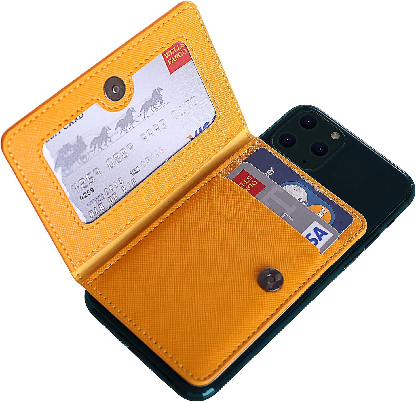 ID Card Holder for Back of Phone Leather Phone Wallet Stick On with Stand Flip Waterproof Leather Adhesive Wallet for Most Cellphones (Yellow)