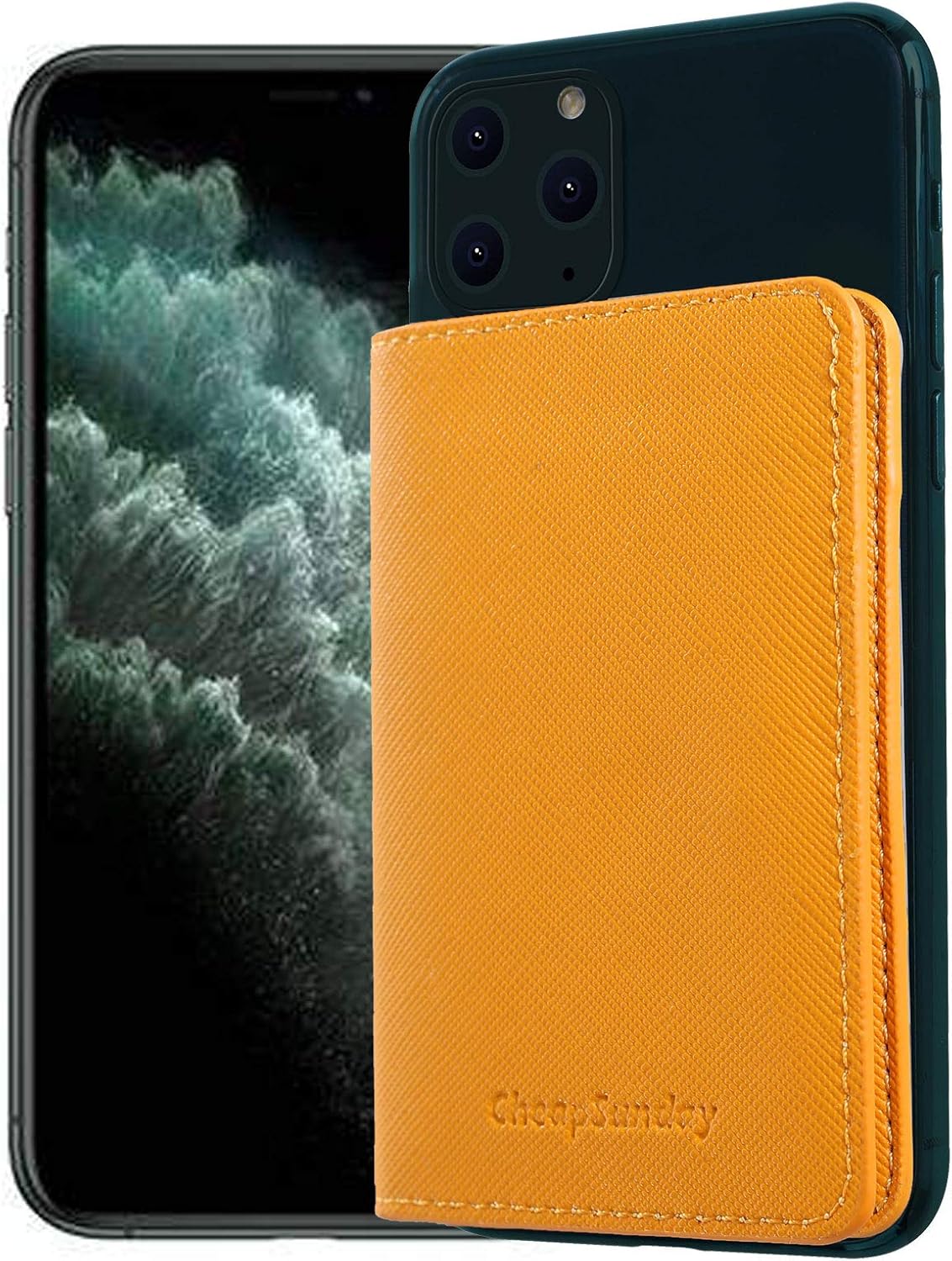 ID Card Holder for Back of Phone Leather Phone Wallet Stick On with Stand Flip Waterproof Leather Adhesive Wallet for Most Cellphones (Yellow)