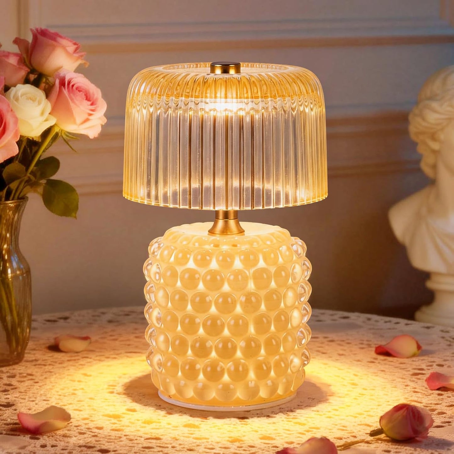 Small Battery Operated Lamp with Timer, Pearl, Yellow | Cordless, Glass, Tiny, Home Decor, Table, Shelf, Bedroom, Entryway, Kitchen, Bathroom, Birthday Gift for Women