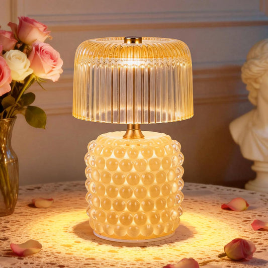 Small Battery Operated Lamp with Timer, Pearl, Yellow | Cordless, Glass, Tiny, Home Decor, Table, Shelf, Bedroom, Entryway, Kitchen, Bathroom, Birthday Gift for Women
