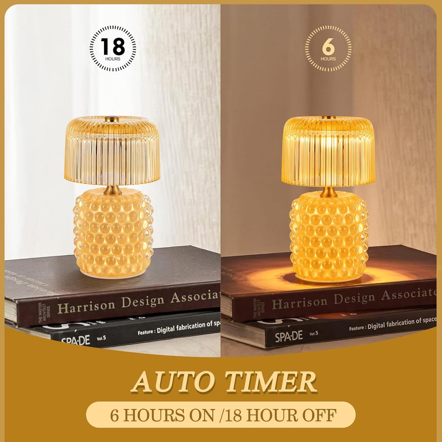 Small Battery Operated Lamp with Timer, Pearl, Yellow | Cordless, Glass, Tiny, Home Decor, Table, Shelf, Bedroom, Entryway, Kitchen, Bathroom, Birthday Gift for Women