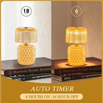 Small Battery Operated Lamp with Timer, Pearl, Yellow | Cordless, Glass, Tiny, Home Decor, Table, Shelf, Bedroom, Entryway, Kitchen, Bathroom, Birthday Gift for Women