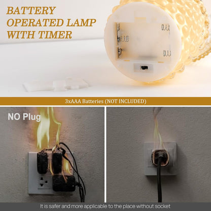 Small Battery Operated Lamp with Timer, Pearl, Yellow | Cordless, Glass, Tiny, Home Decor, Table, Shelf, Bedroom, Entryway, Kitchen, Bathroom, Birthday Gift for Women