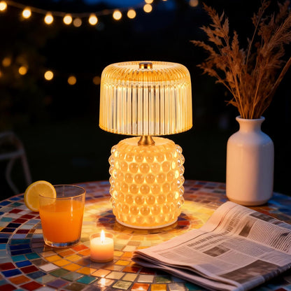 Small Battery Operated Lamp with Timer, Pearl, Yellow | Cordless, Glass, Tiny, Home Decor, Table, Shelf, Bedroom, Entryway, Kitchen, Bathroom, Birthday Gift for Women