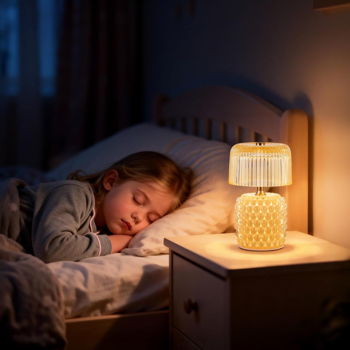 Small Battery Operated Lamp with Timer, Pearl, Yellow | Cordless, Glass, Tiny, Home Decor, Table, Shelf, Bedroom, Entryway, Kitchen, Bathroom, Birthday Gift for Women