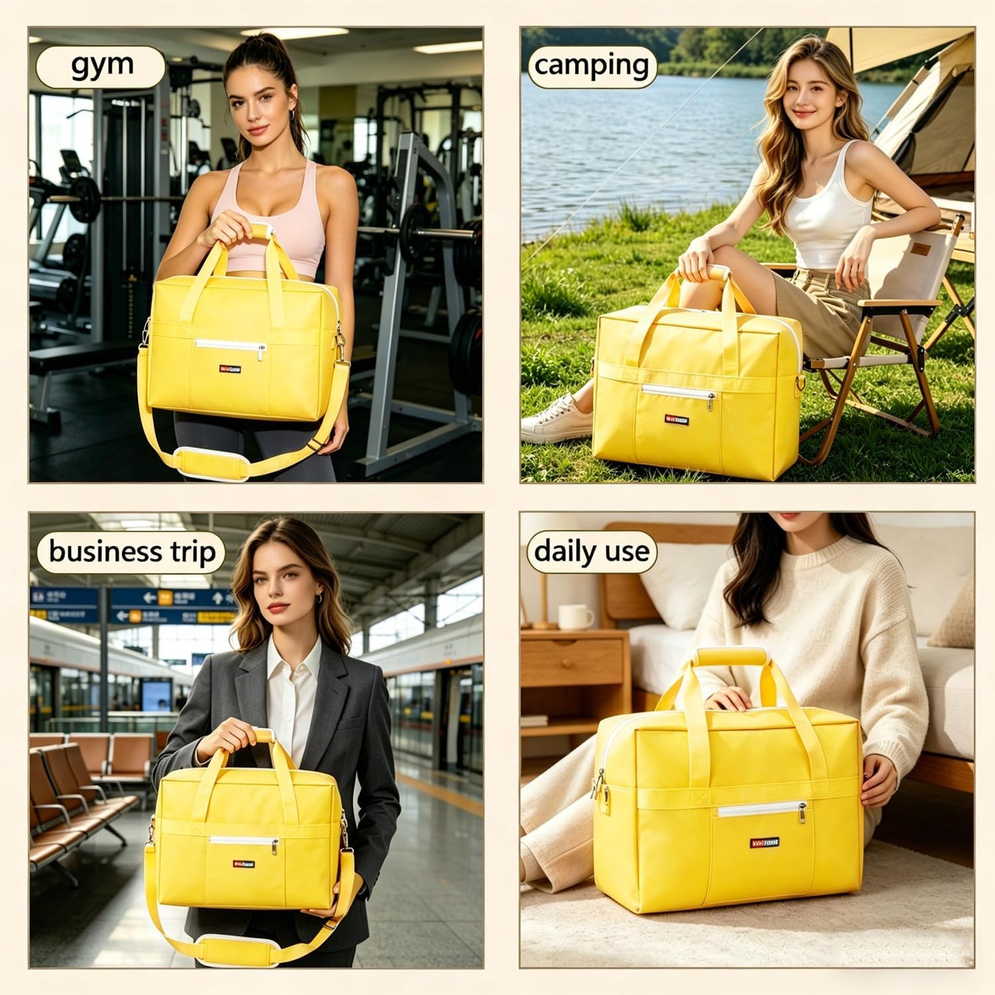 Gym Bag for Women Men, Water-Resistant Duffle Bag for Travel Sports, Lightweight Carry On Bag with Handles and Detachable Shoulder Strap (Yellow)