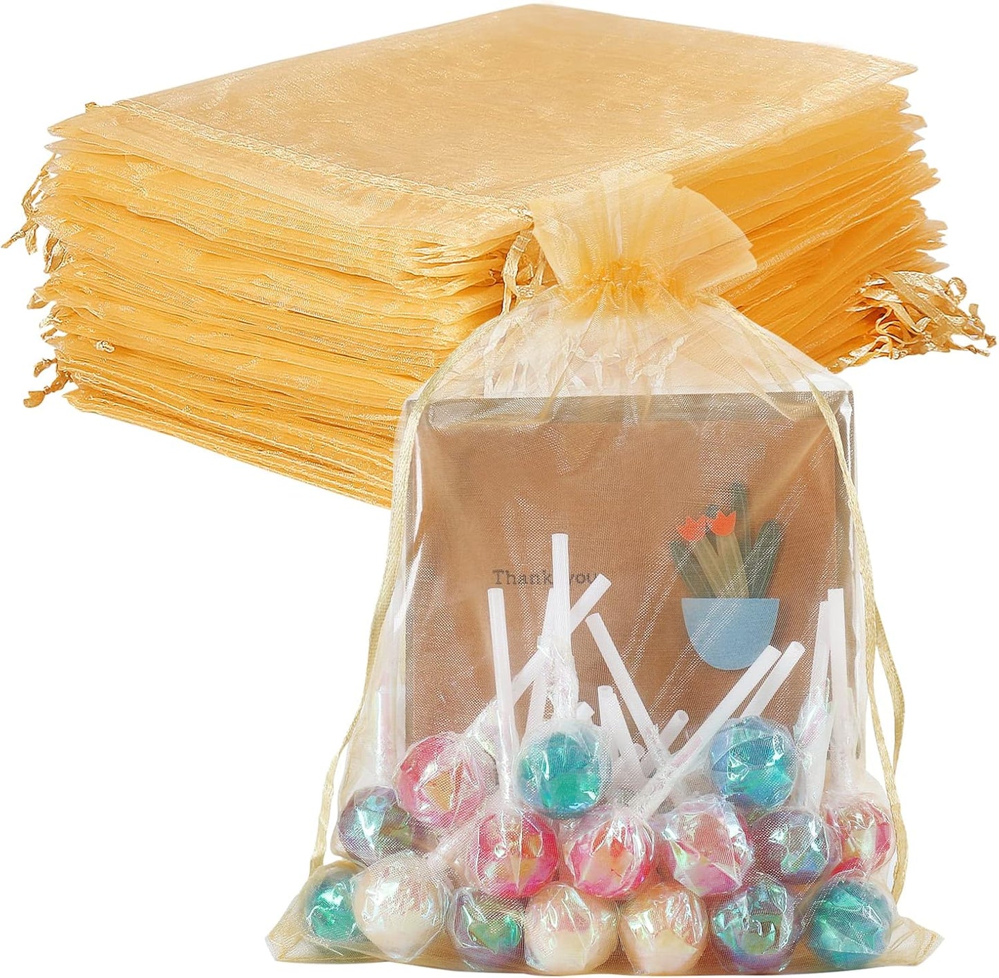 HRX Package 100pcs Mesh Organza Bags 6x9 in for Gift Giving, Large (Gold) | Sheer for Product Visibility, Easy-Close Drawstrings, Suitable for Jewelry, Cosmetic, Craft, Wedding, Party Favors, Christmas
