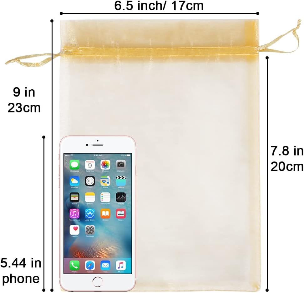 HRX Package 100pcs Mesh Organza Bags 6x9 in for Gift Giving, Large (Gold) | Sheer for Product Visibility, Easy-Close Drawstrings, Suitable for Jewelry, Cosmetic, Craft, Wedding, Party Favors, Christmas