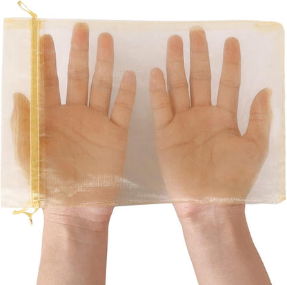 HRX Package 100pcs Mesh Organza Bags 6x9 in for Gift Giving, Large (Gold) | Sheer for Product Visibility, Easy-Close Drawstrings, Suitable for Jewelry, Cosmetic, Craft, Wedding, Party Favors, Christmas