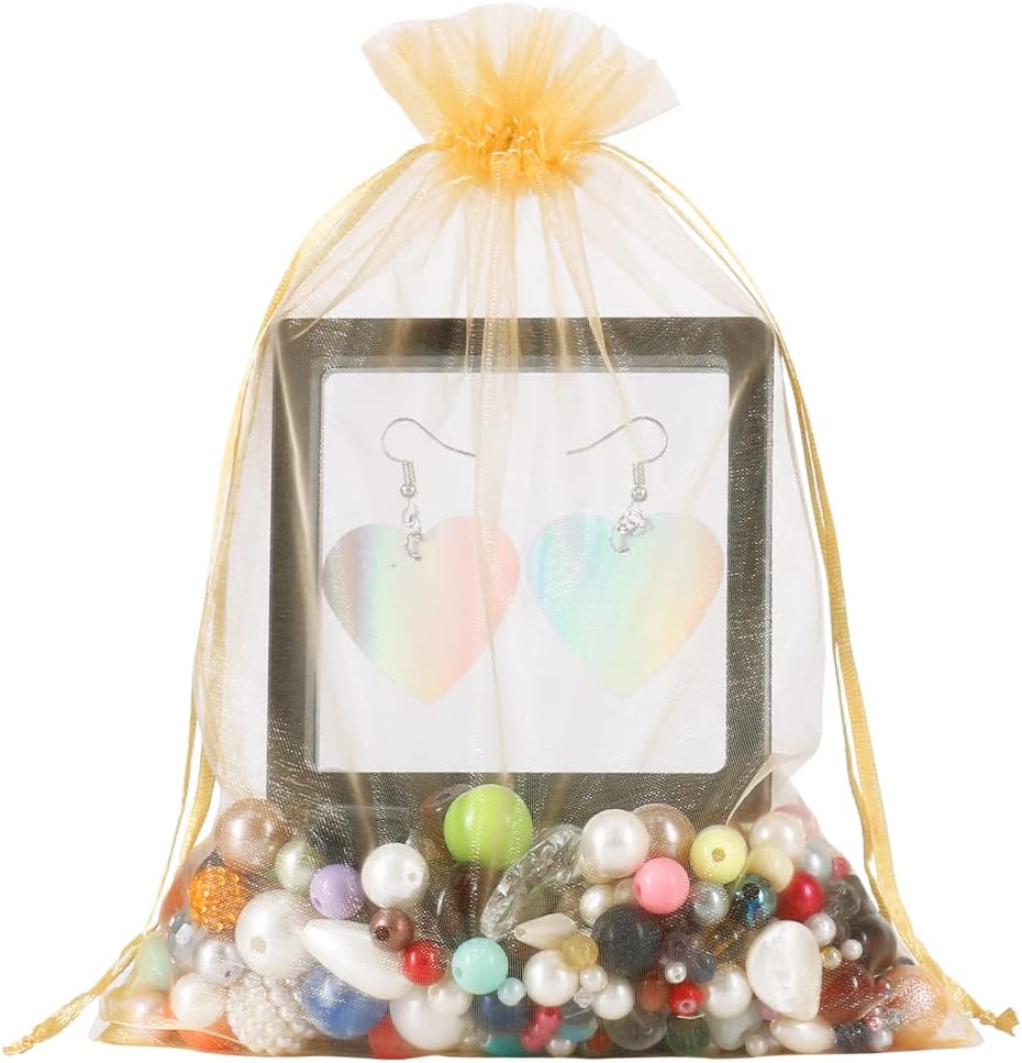 HRX Package 100pcs Mesh Organza Bags 6x9 in for Gift Giving, Large (Gold) | Sheer for Product Visibility, Easy-Close Drawstrings, Suitable for Jewelry, Cosmetic, Craft, Wedding, Party Favors, Christmas