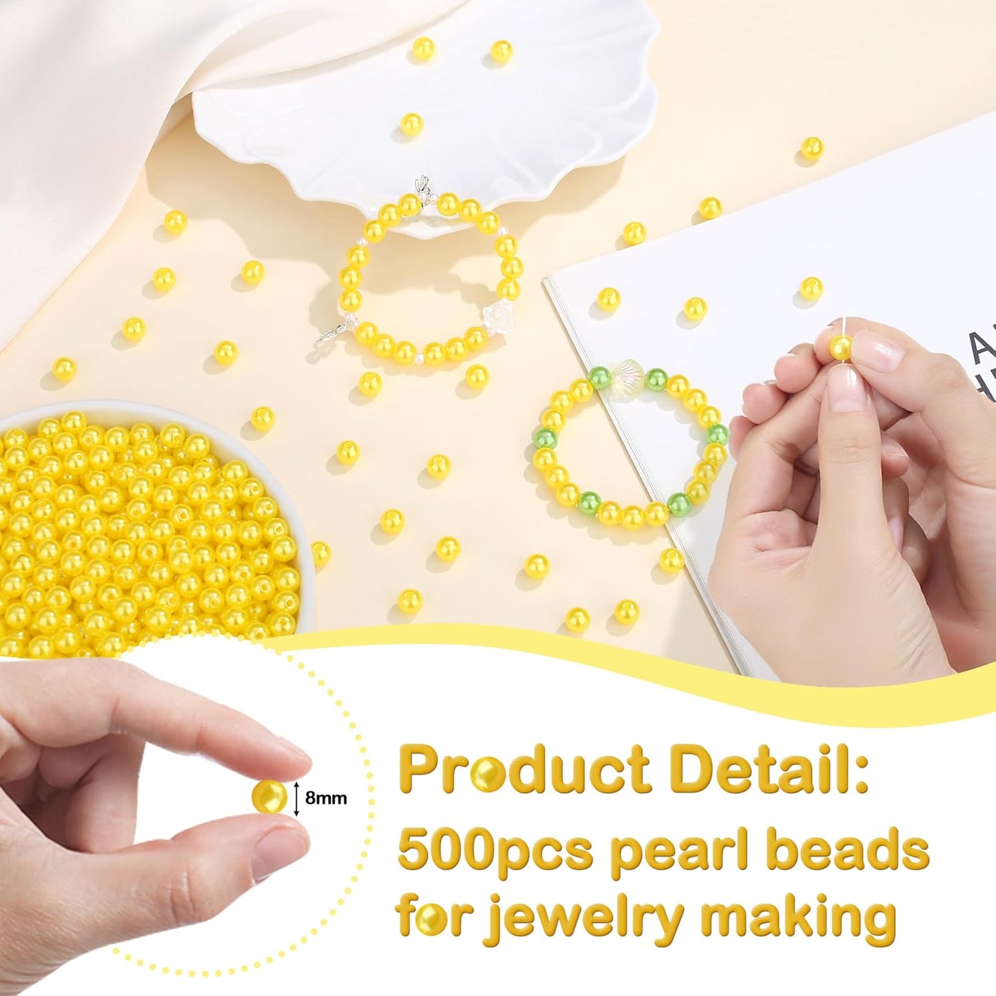 Yellow Pearl Beads for Jewelry Making | 500Pcs 8mm Round Yellow Pearl Beads with Hole for Crafs Bracelets Necklace Making