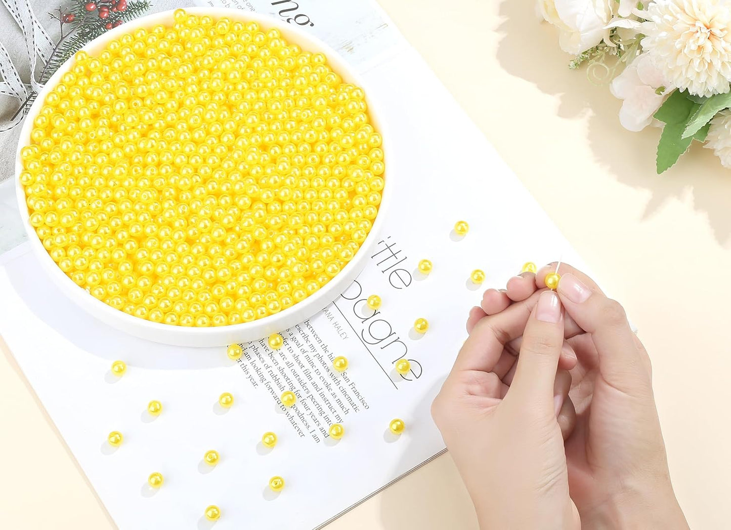 Yellow Pearl Beads for Jewelry Making | 500Pcs 8mm Round Yellow Pearl Beads with Hole for Crafs Bracelets Necklace Making