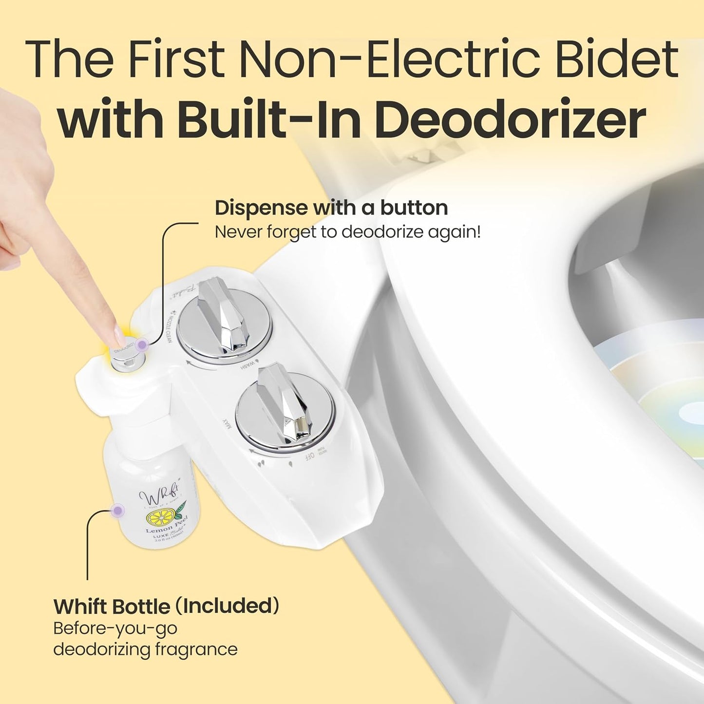 Whift 120 Bidet With Built-In Deodorizing Spray, Non-Electric Cold Water Bidet Attachment For Toilet Seat, Lemon Spray Included, Easy Slide-In Install, Rear Wash (Chrome)