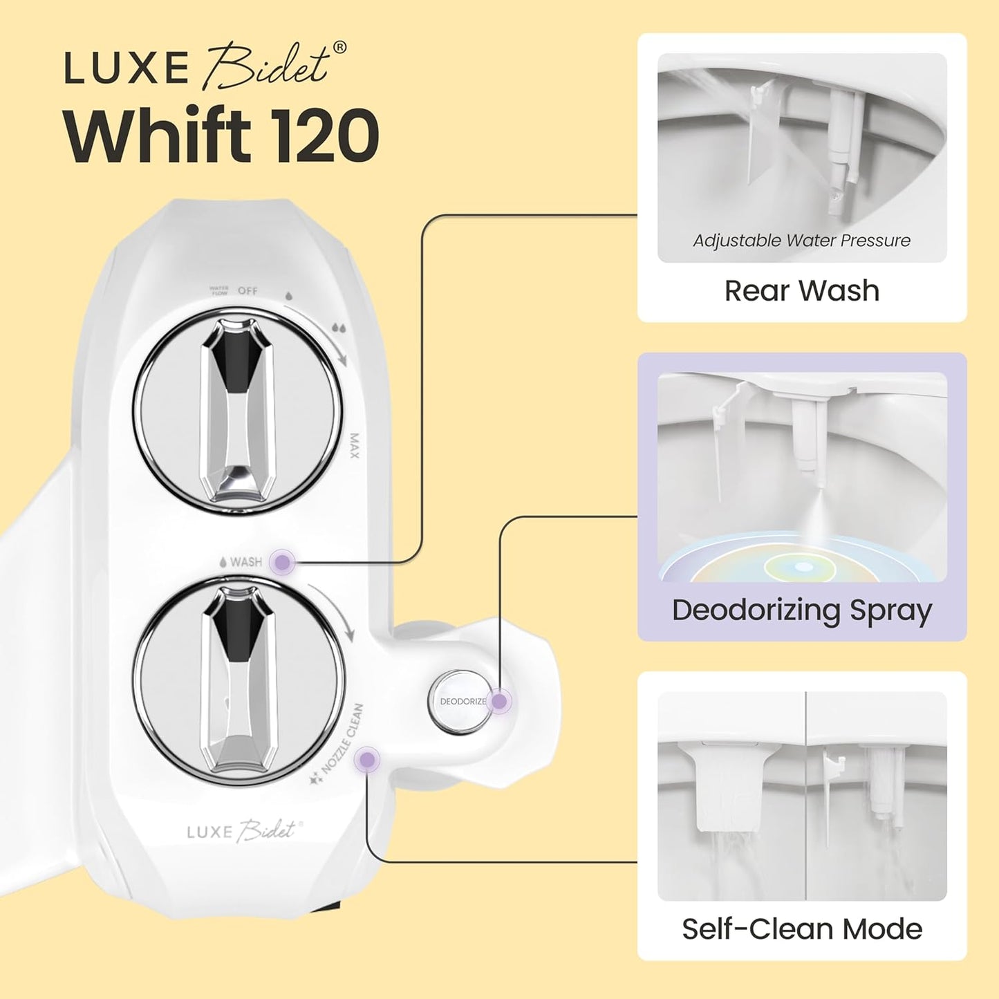 Whift 120 Bidet With Built-In Deodorizing Spray, Non-Electric Cold Water Bidet Attachment For Toilet Seat, Lemon Spray Included, Easy Slide-In Install, Rear Wash (Chrome)