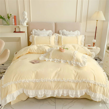 Girls Lace Bedding, Full Comforter Cover Set, Chic Ruffled Duvet Cover with 2 Layers Ruffle,Princess Style 1 Duvet Cover with 2 Pillowcases, No Comforter-Yellow,Full