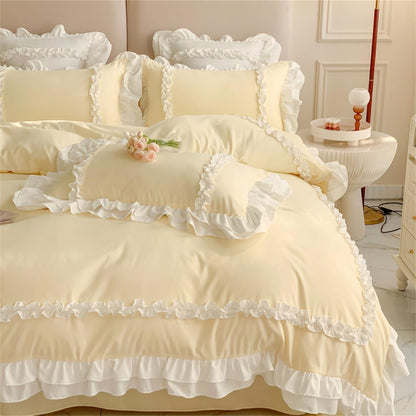 Girls Lace Bedding, Full Comforter Cover Set, Chic Ruffled Duvet Cover with 2 Layers Ruffle,Princess Style 1 Duvet Cover with 2 Pillowcases, No Comforter-Yellow,Full