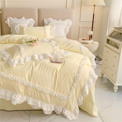 Girls Lace Bedding, Full Comforter Cover Set, Chic Ruffled Duvet Cover with 2 Layers Ruffle,Princess Style 1 Duvet Cover with 2 Pillowcases, No Comforter-Yellow,Full