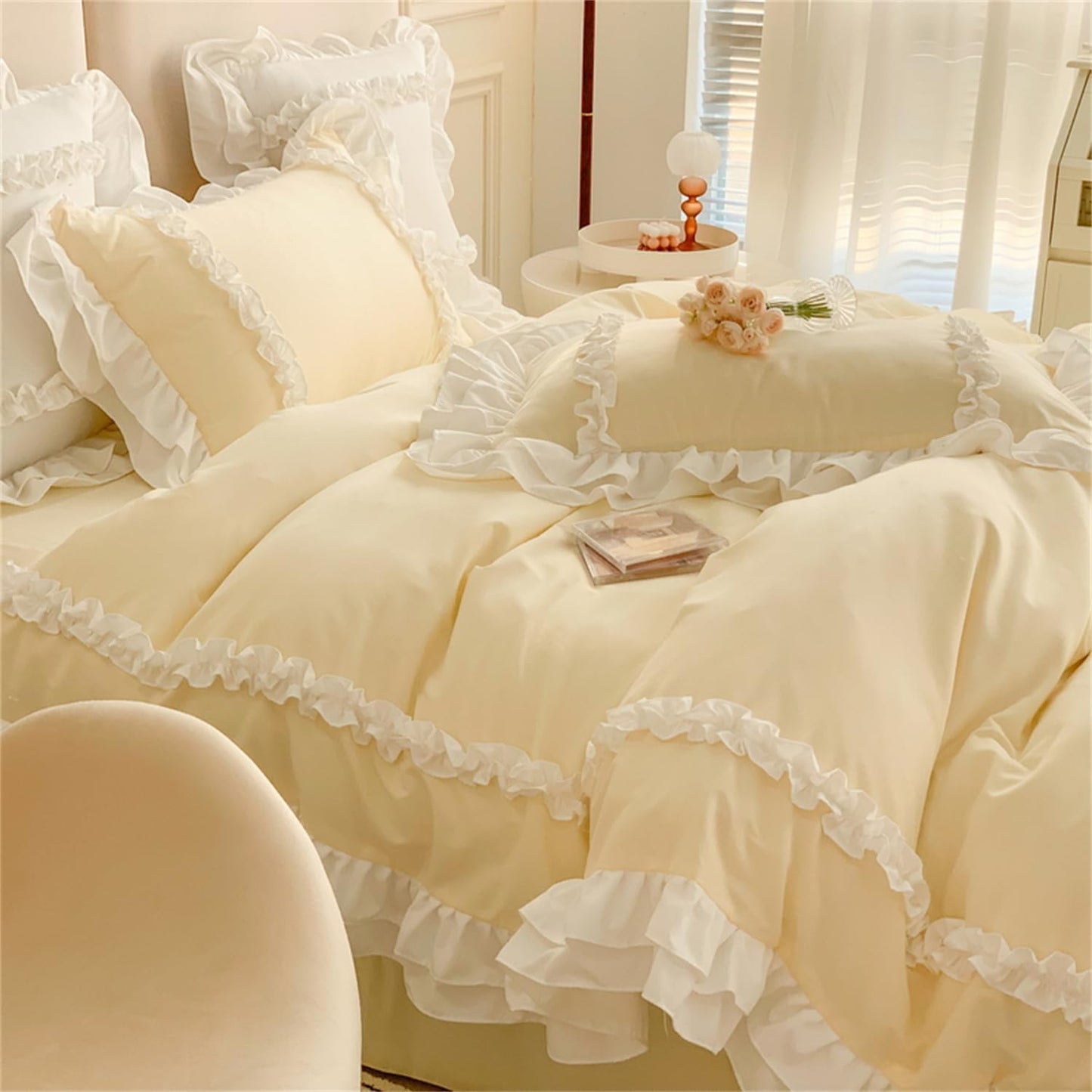 Girls Lace Bedding, Full Comforter Cover Set, Chic Ruffled Duvet Cover with 2 Layers Ruffle,Princess Style 1 Duvet Cover with 2 Pillowcases, No Comforter-Yellow,Full