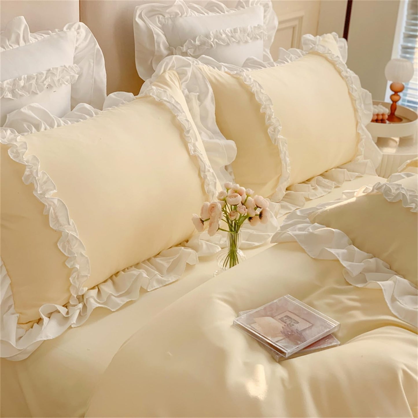 Girls Lace Bedding, Full Comforter Cover Set, Chic Ruffled Duvet Cover with 2 Layers Ruffle,Princess Style 1 Duvet Cover with 2 Pillowcases, No Comforter-Yellow,Full